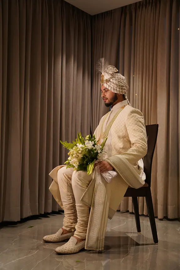 Groom seated with a bouquet in an ivory safa